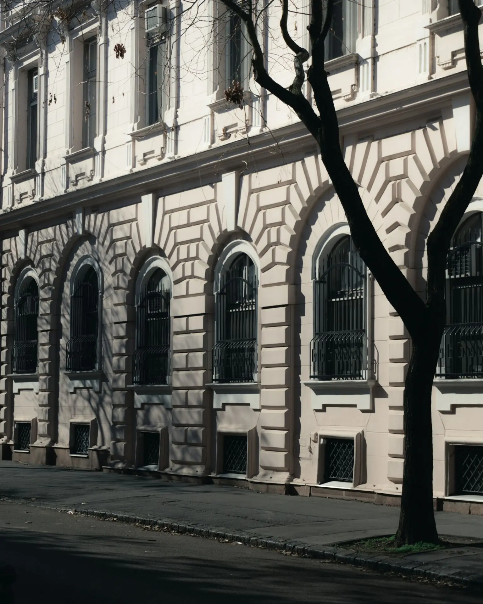 Szeged, Hungary - a large white building with arched windows next to a tree
